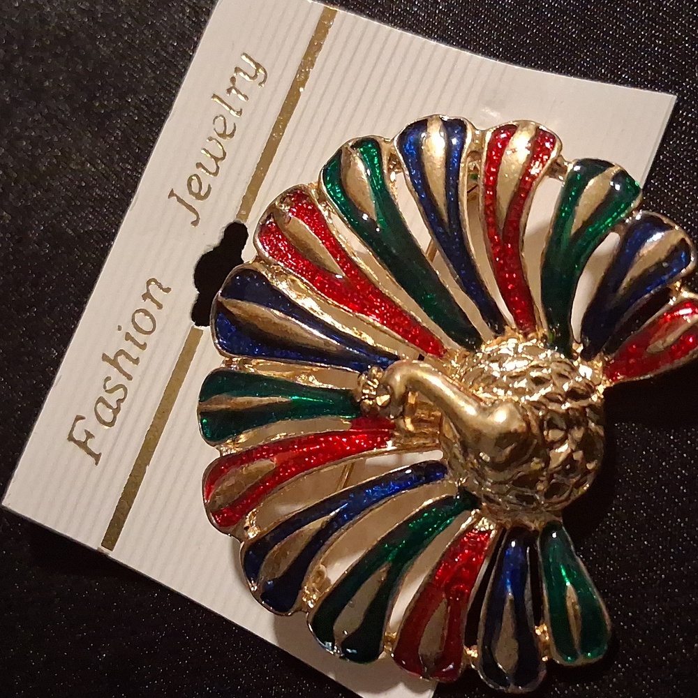 Gold Peacock Brooch with Red, Green, and Blue Accents